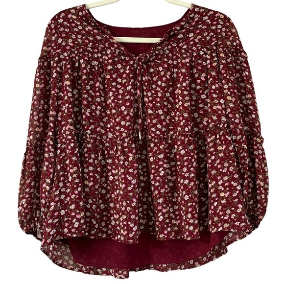 Tops - Red Floral Flowy Teared Peasant Top Women’s M Western Workwear Autumn Fall Bow